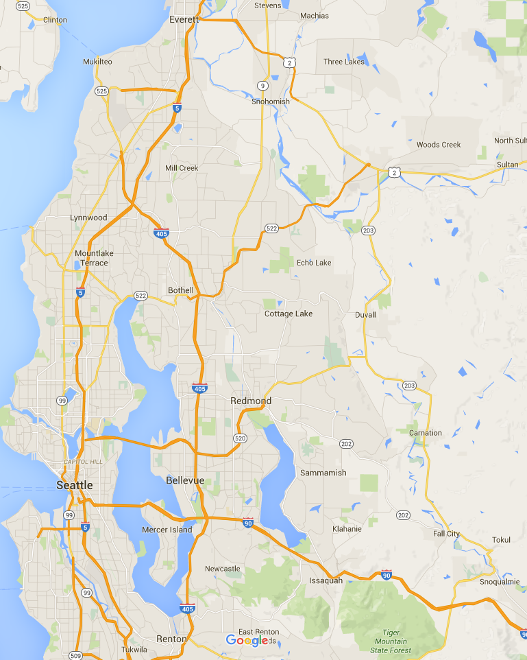 photo of a Seattle area map from Seattle to Everett to Issaquah, Snoaqualmie end Renton area, and all the cities in beteen.